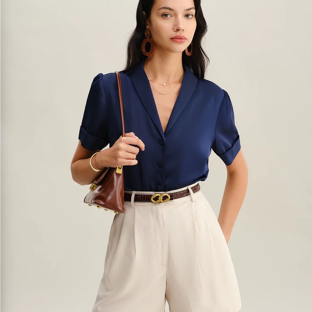 Navy Satin Button Blouse